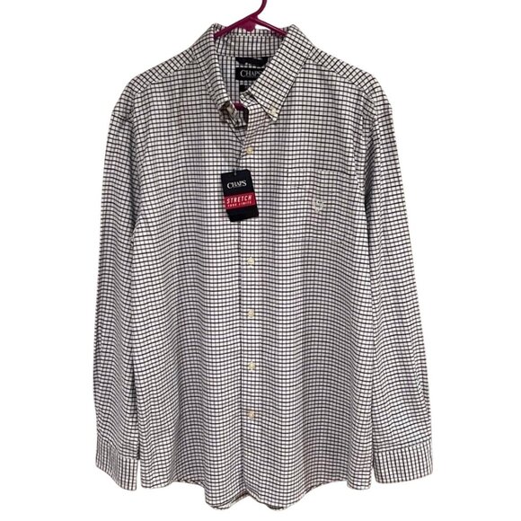 Chaps Stretch Oxford Button-Down Shirt In Navy And White Checkered Classic Fit - Picture 2 of 12